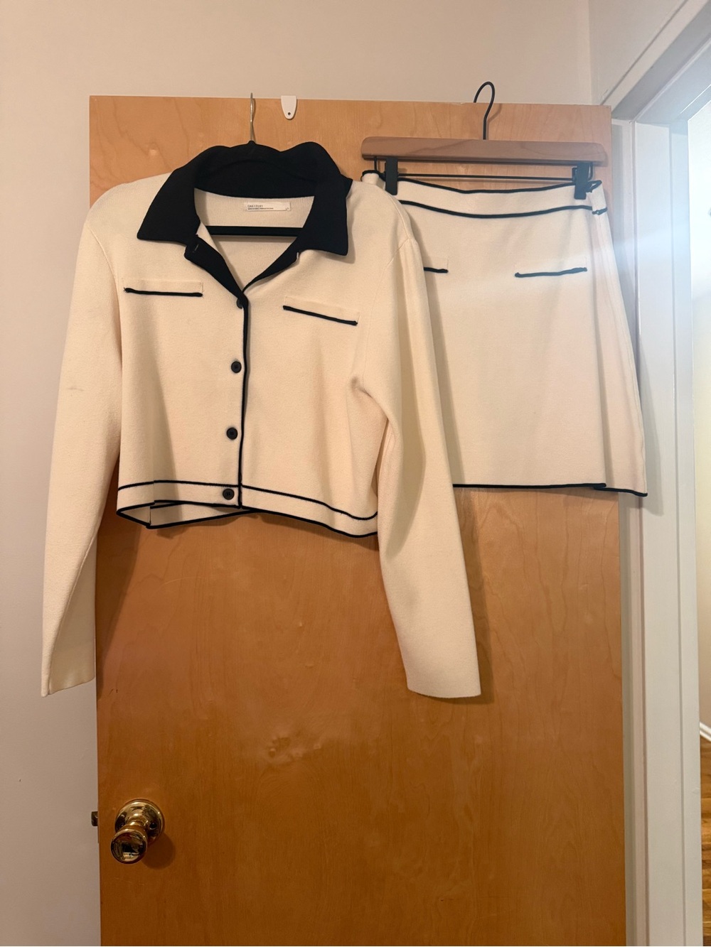 Two-Piece Cream Knit Set with Black Trim